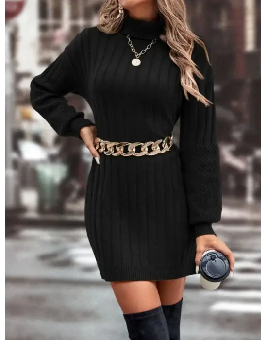 Kadın Uzun Kollu Boğazlı Uzun Balon Kol Triko Mini Elbise