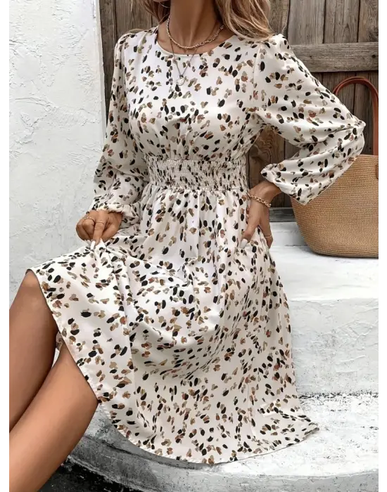 Kadın Uzun Kollu Bot Yaka Beli Lastikli Midi Süprem Elbise