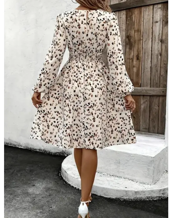 Kadın Uzun Kollu Bot Yaka Beli Lastikli Midi Süprem Elbise