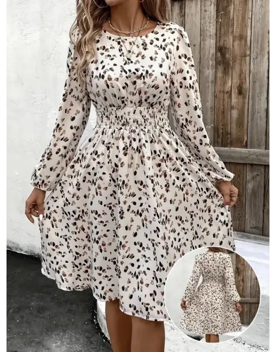 Kadın Uzun Kollu Bot Yaka Beli Lastikli Midi Süprem Elbise