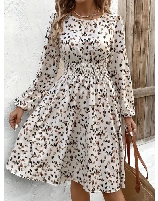 Kadın Uzun Kollu Bot Yaka Beli Lastikli Midi Süprem Elbise