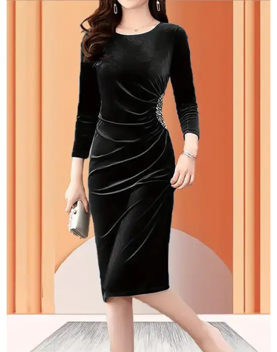 Kadın Uzun Kollu Bot Yaka Yanı Taş Detaylı Midi Kadife Elbise