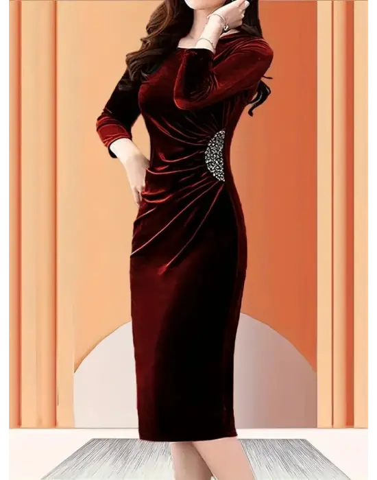 Kadın Uzun Kollu Bot Yaka Yanı Taş Detaylı Midi Kadife Elbise