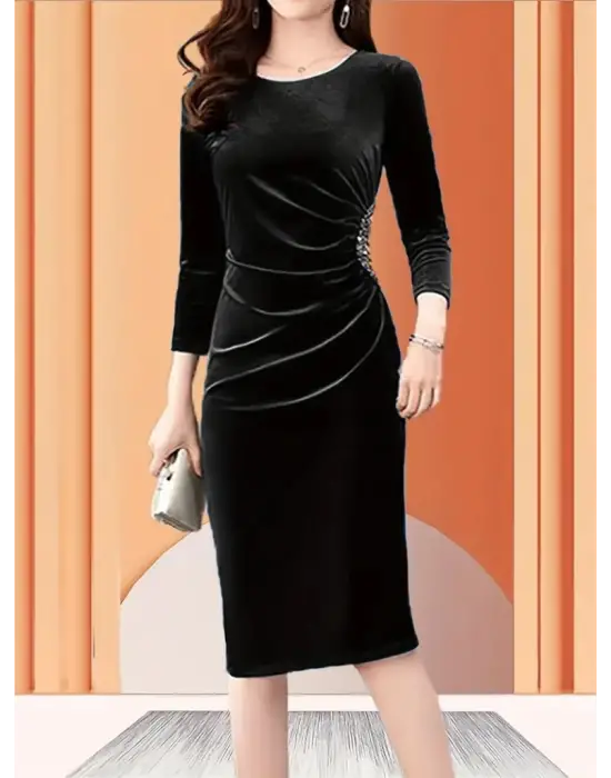 Kadın Uzun Kollu Bot Yaka Yanı Taş Detaylı Midi Kadife Elbise