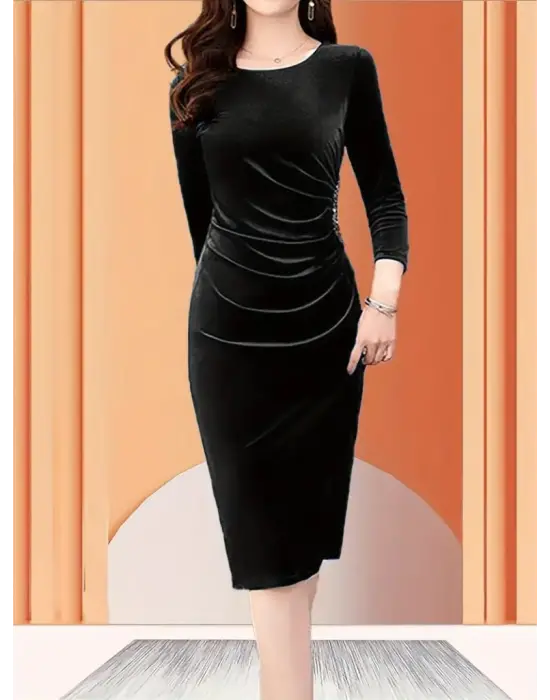 Kadın Uzun Kollu Bot Yaka Midi Kadife Elbise