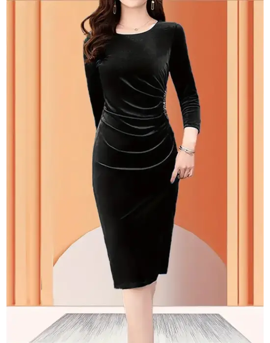 Kadın Uzun Kollu Bot Yaka Yanı Taş Detaylı Midi Kadife Elbise