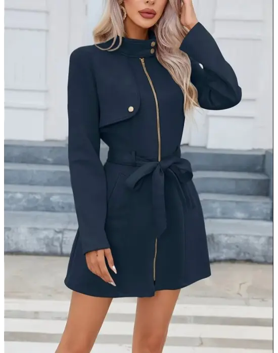 Kadın Uzun Kollu Boyundan Düğmeli Fermuarlı Beli Kuşaklı Süet Ceket