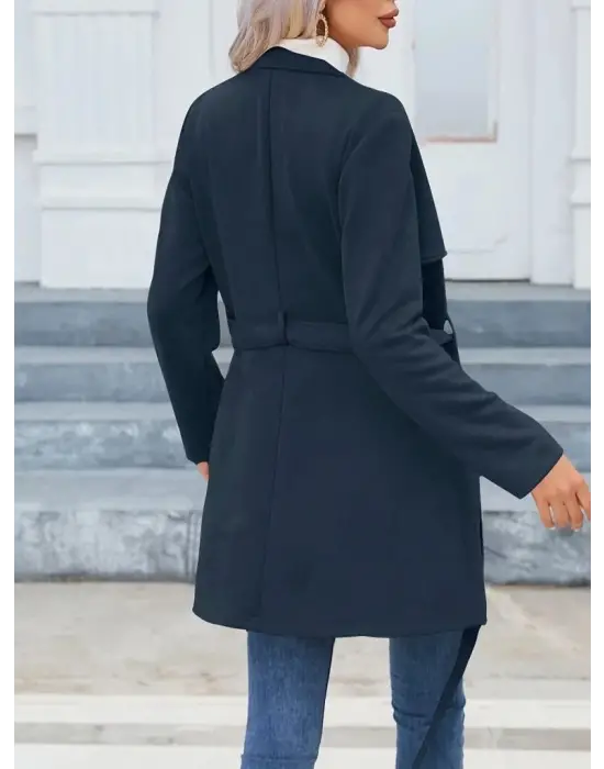 Kadın Uzun Kollu Boyundan Düğmeli Fermuarlı Beli Kuşaklı Süet Ceket