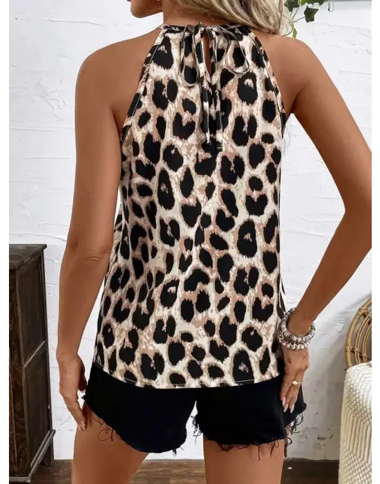 Kadın Uzun Kollu Boyundan Halka Detaylı Leopar Süprem Bluz