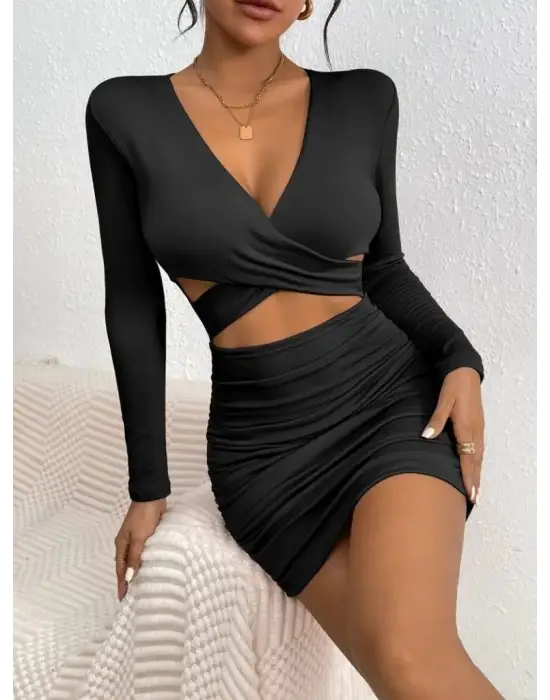 Kadın Uzun Kollu çapraz Dekolte Detaylı Mini Sandy Elbise