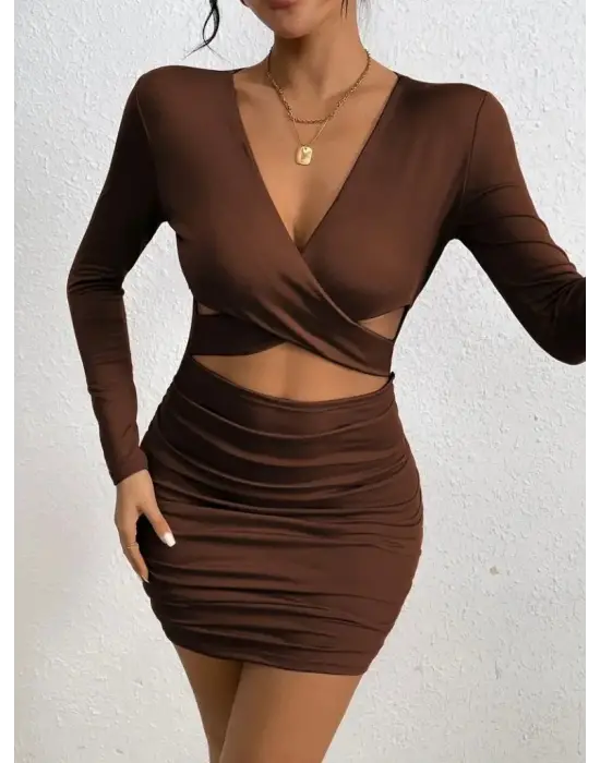 Kadın Uzun Kollu çapraz Dekolte Detaylı Mini Sandy Elbise