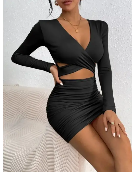 Kadın Uzun Kollu çapraz Dekolte Detaylı Mini Sandy Elbise