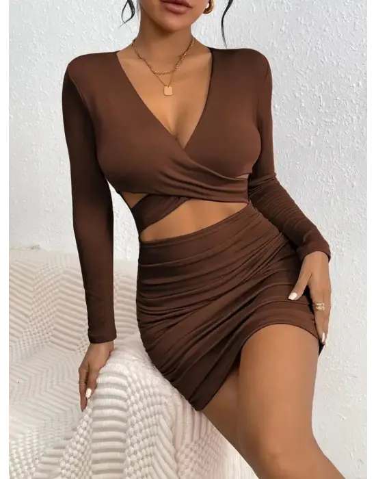 Kadın Uzun Kollu çapraz Dekolte Detaylı Mini Sandy Elbise