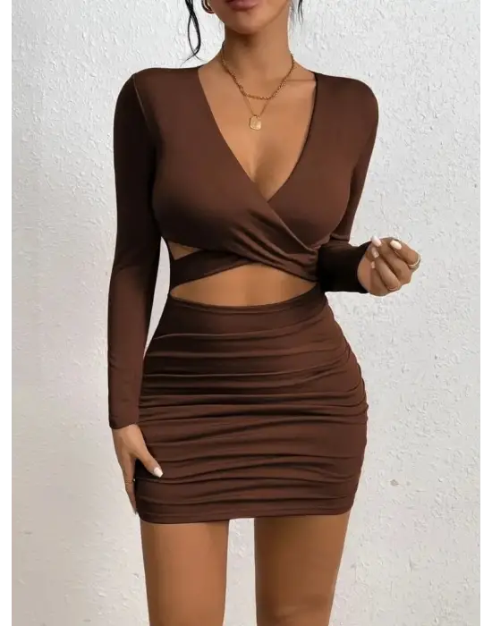 Kadın Uzun Kollu çapraz Dekolte Detaylı Mini Sandy Elbise