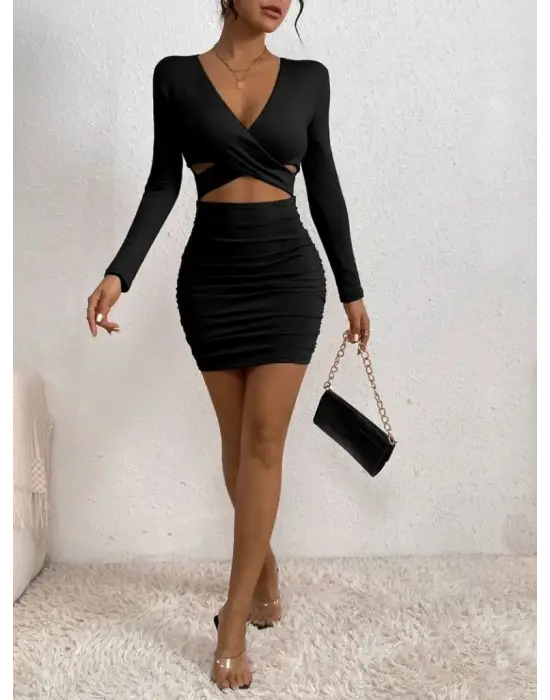 Kadın Uzun Kollu çapraz Dekolte Detaylı Mini Sandy Elbise