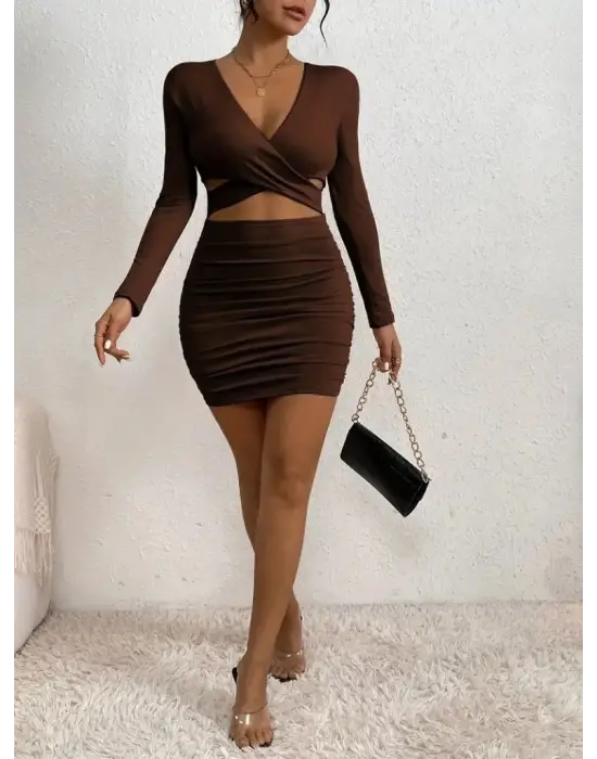 Kadın Uzun Kollu çapraz Dekolte Detaylı Mini Sandy Elbise