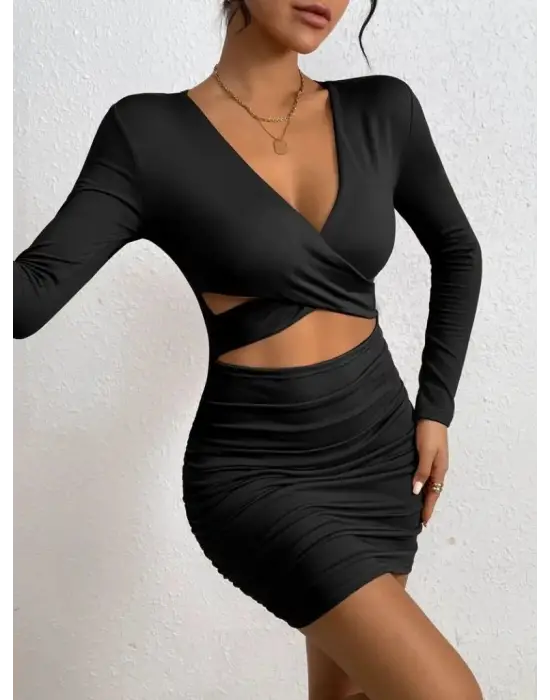 Kadın Uzun Kollu çapraz Dekolte Detaylı Mini Sandy Elbise