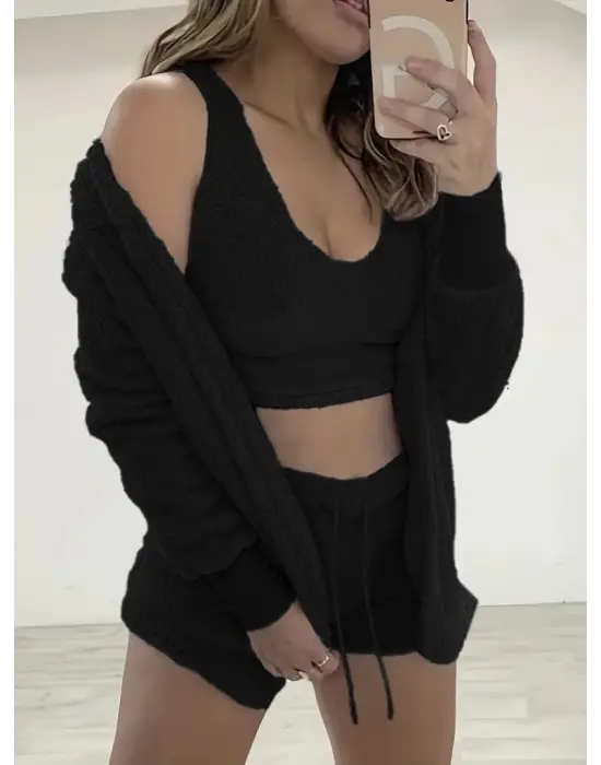 Kadın Uzun Kollu Ceket, Askılı Peluş Bluz Ve şort üçlü Takım