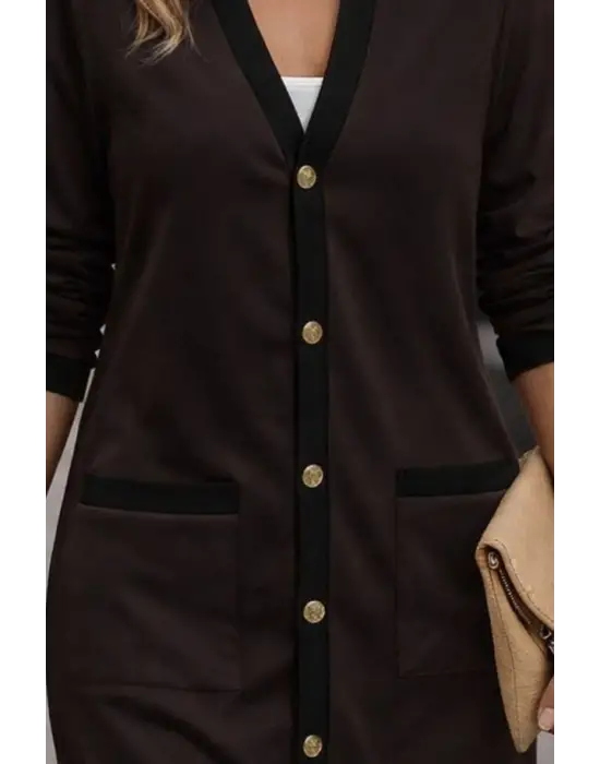 Kadın Uzun Kollu Cepli önden Düğmeli Uzun Modal Ceket