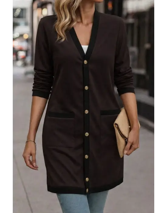 Kadın Uzun Kollu Cepli önden Düğmeli Uzun Modal Ceket