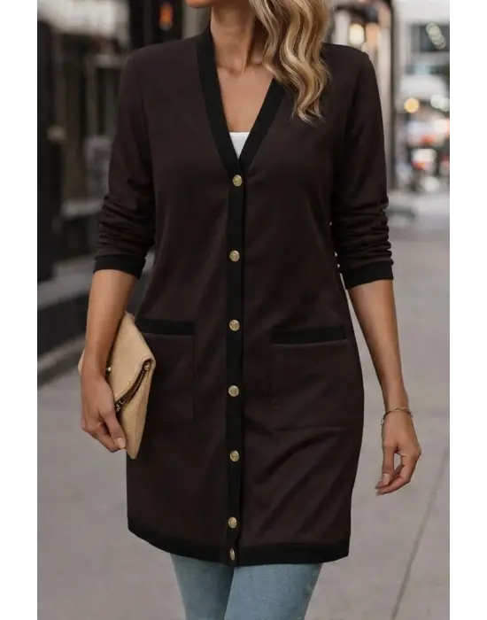 Kadın Uzun Kollu Cepli önden Düğmeli Uzun Modal Ceket