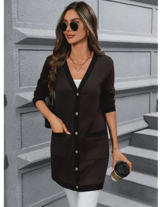 Kadın Uzun Kollu Cepli önden Düğmeli Uzun Modal Ceket