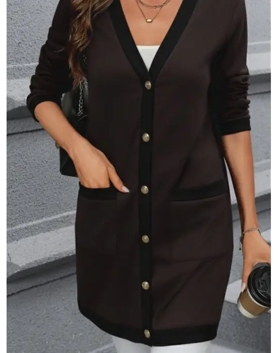 Kadın Uzun Kollu Cepli önden Düğmeli Uzun Modal Ceket