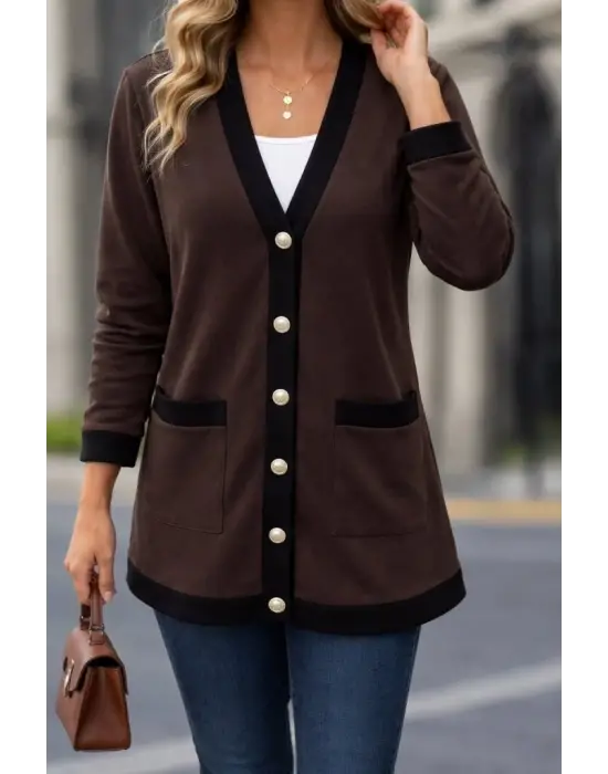 Kadın Uzun Kollu Cepli önden Düğmeli Uzun Modal Ceket Hırka