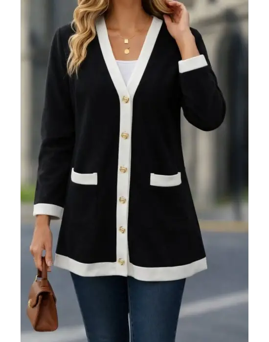 Kadın Uzun Kollu Cepli önden Düğmeli Uzun Modal Ceket Hırka