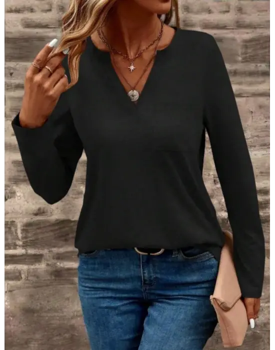 Kadın Uzun Kollu Cepli V Yakalı Viskon Iki Iplik Bluz