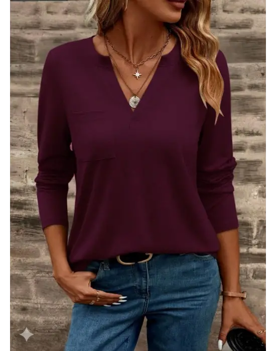 Kadın Uzun Kollu Cepli V Yakalı Viskon Iki Iplik Mürdüm Bluz