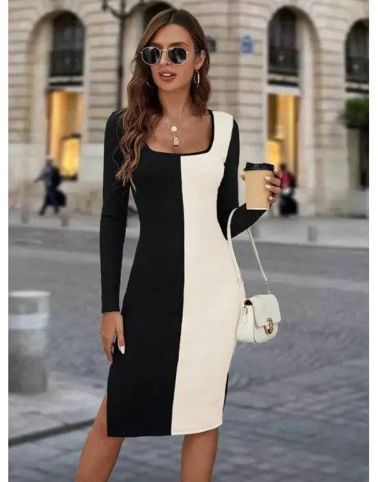 Kadın Uzun Kollu çift Renk Midi Boy Triko Elbise