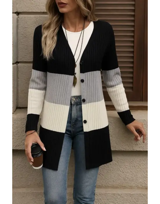 Kadın Uzun Kollu çok Renkli önden Düğmeli Uzun Ceket