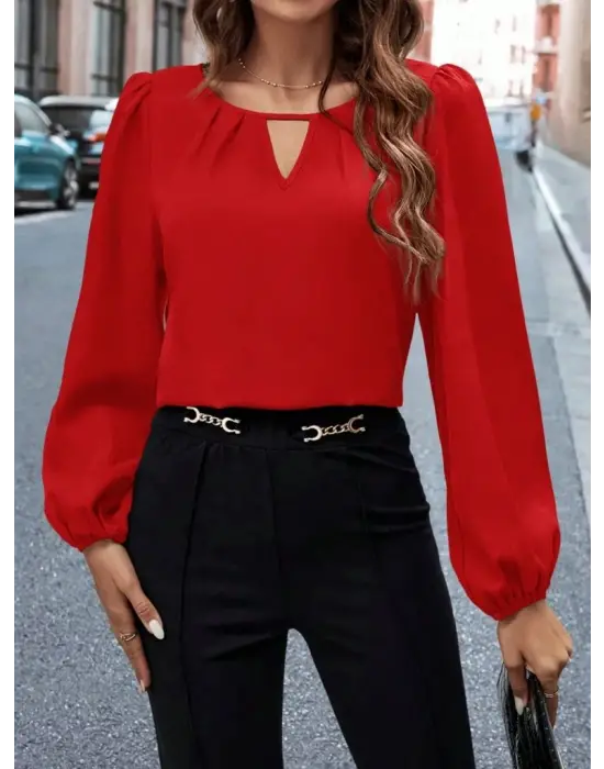 Kadın Uzun Kollu Damla Detaylı Ithal Krep Bluz