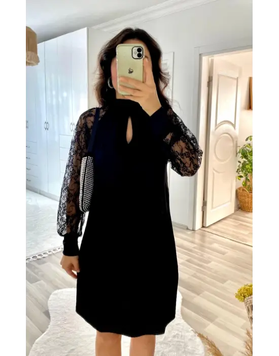 Kadın Uzun Kollu Damla Detaylı Sandy Mini Elbise