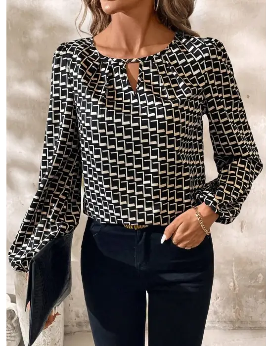 Kadın Uzun Kollu Damla Detaylı Yaka Desenli Süprem Bluz