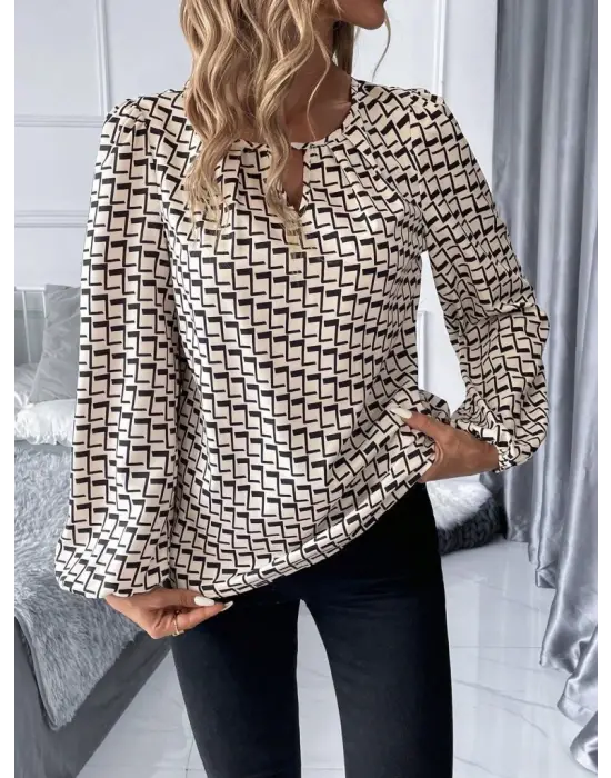 Kadın Uzun Kollu Damla Detaylı Yaka Desenli Süprem Bluz