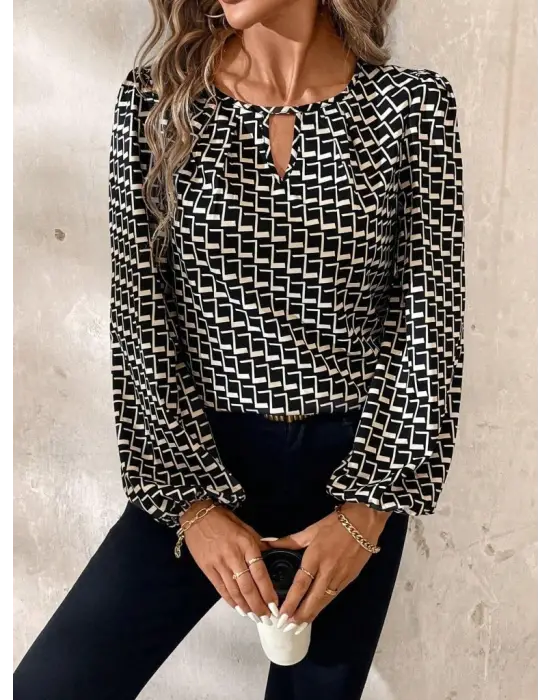 Kadın Uzun Kollu Damla Detaylı Yaka Desenli Süprem Bluz