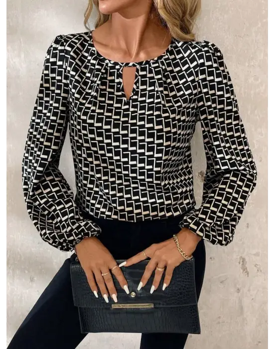 Kadın Uzun Kollu Damla Detaylı Yaka Desenli Süprem Bluz