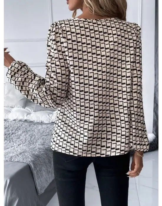 Kadın Uzun Kollu Damla Detaylı Yaka Desenli Süprem Bluz