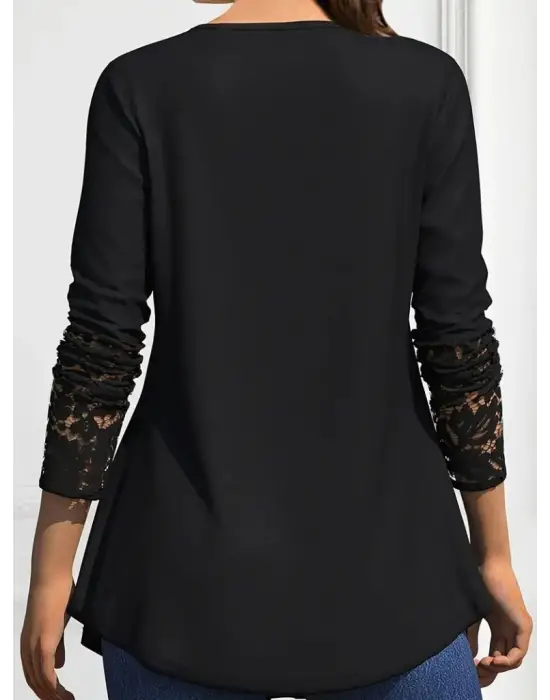 Kadın Uzun Kollu Dantel Detaylı Düğmeli Viskon Bluz