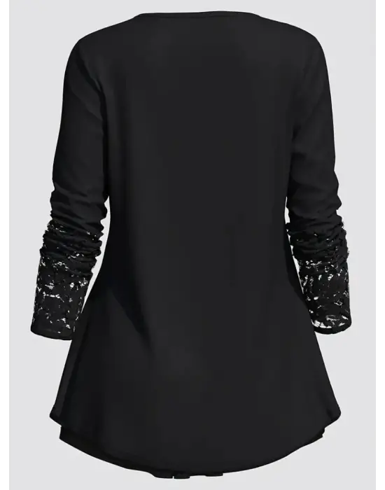 Kadın Uzun Kollu Dantel Detaylı Düğmeli Viskon Bluz