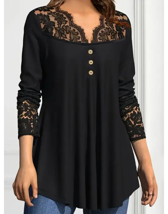 Kadın Uzun Kollu Dantel Detaylı Düğmeli Viskon Bluz
