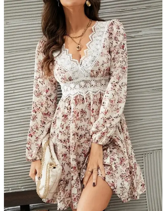 Kadın Uzun Kollu Dantel V Yakalı Mini Desenli Süprem Elbise