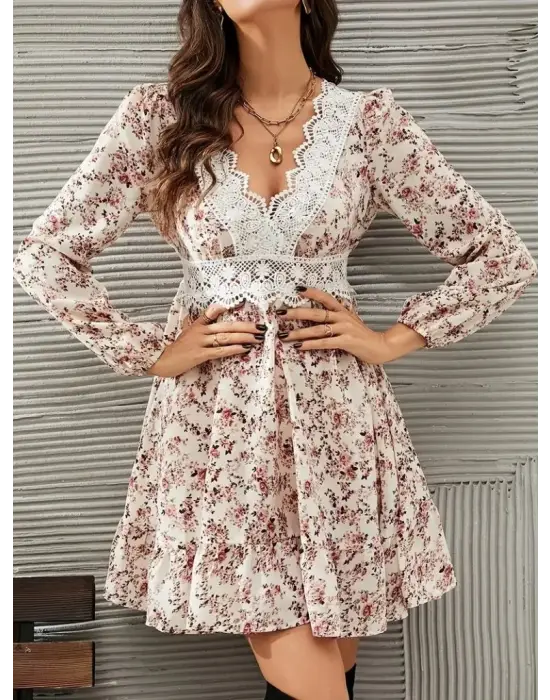 Kadın Uzun Kollu Dantel V Yakalı Mini Desenli Süprem Elbise