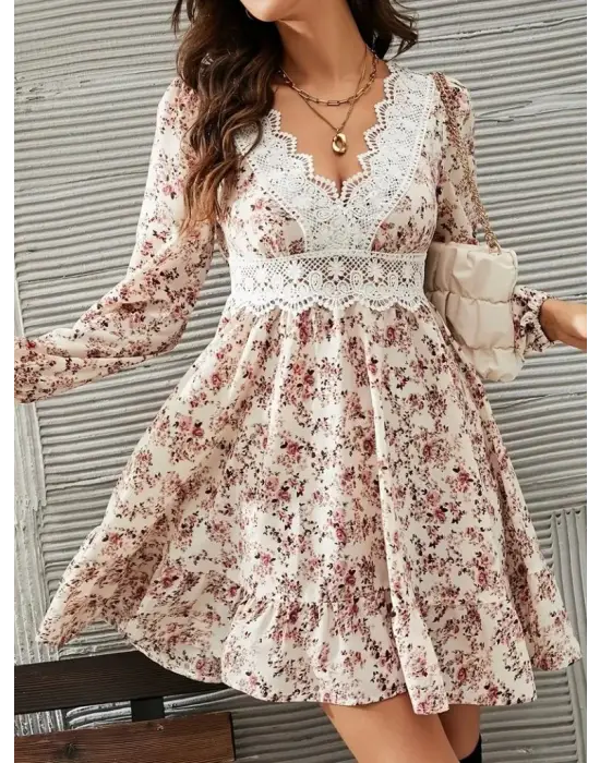 Kadın Uzun Kollu Dantel V Yakalı Mini Desenli Süprem Elbise