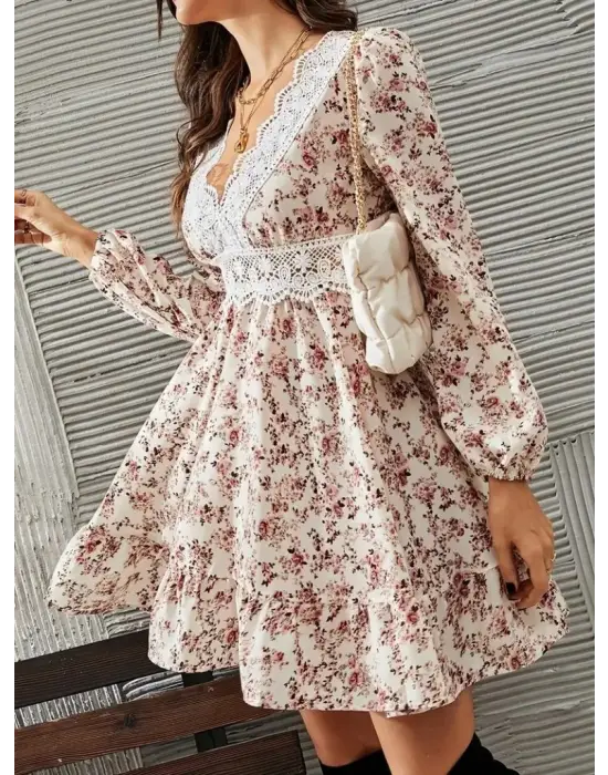 Kadın Uzun Kollu Dantel V Yakalı Mini Desenli Süprem Elbise
