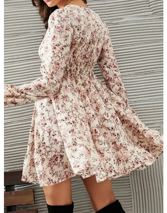 Kadın Uzun Kollu Dantel V Yakalı Mini Desenli Süprem Elbise