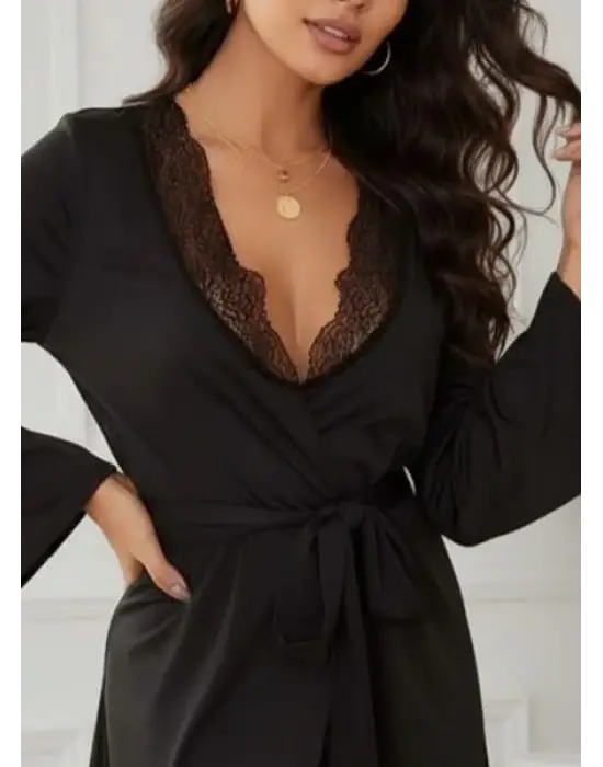 Kadın Uzun Kollu Dantel Yakalı Belden Kuşaklı Viskon Gecelik