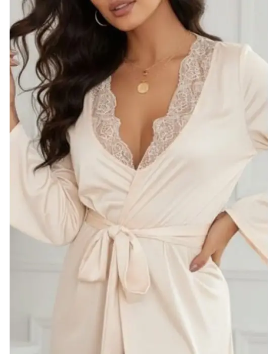 Kadın Uzun Kollu Dantel Yakalı Belden Kuşaklı Viskon Gecelik